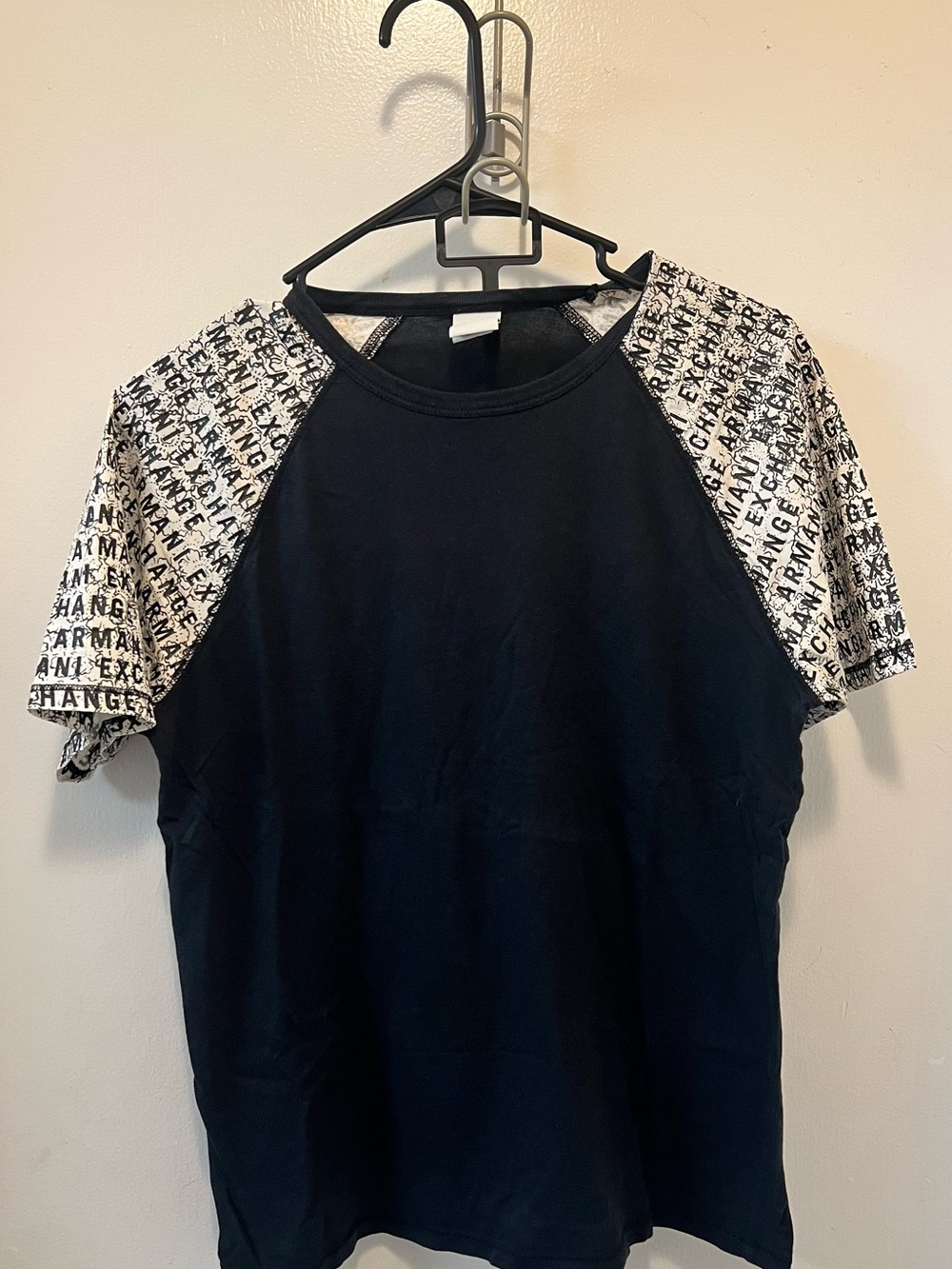 Armani Exchange Black Tee with Branded White Print Raglan Sleeves